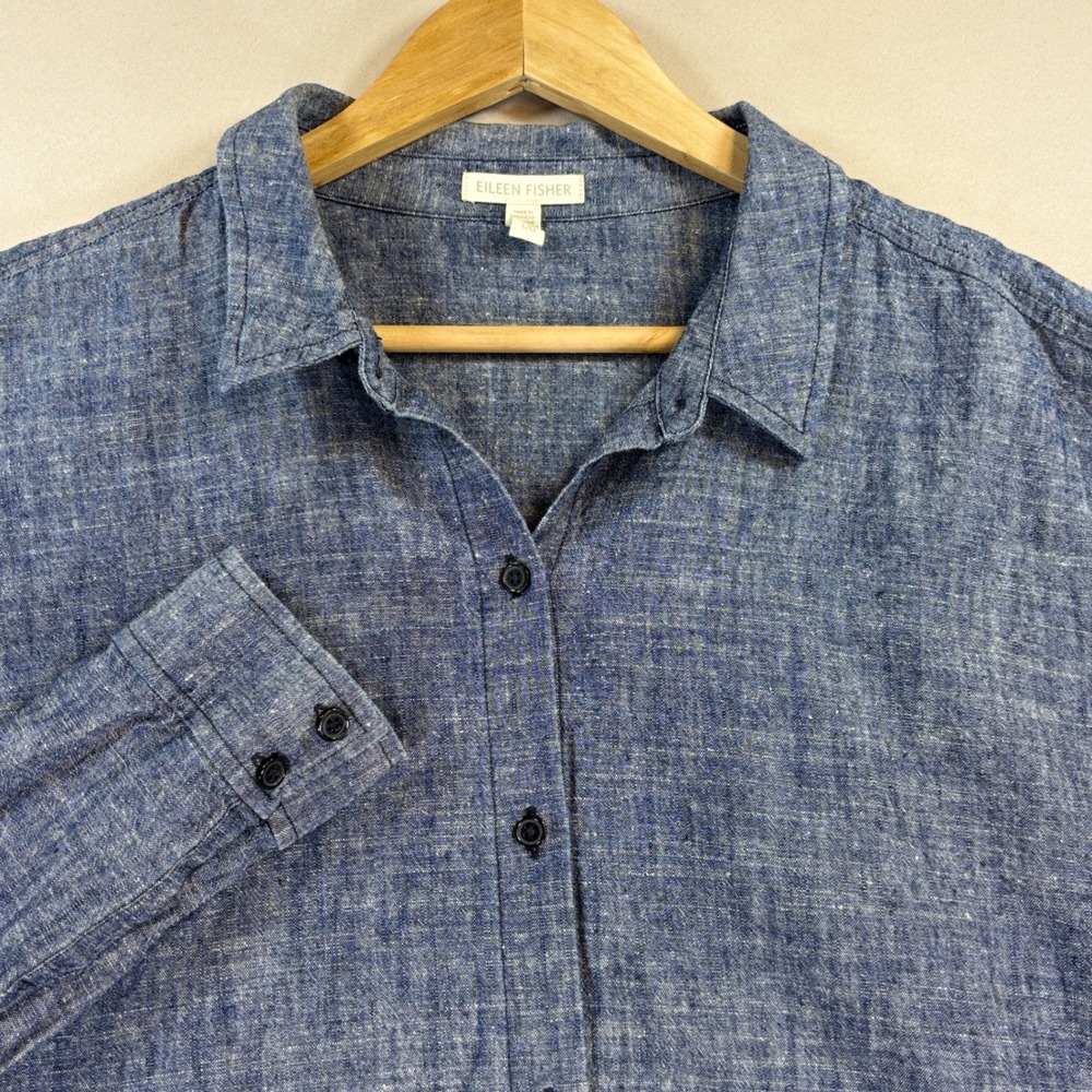 Eileen Fisher Hemp Cotton Chambray Shirt Women L Blue Coastal Grandma Minimalist